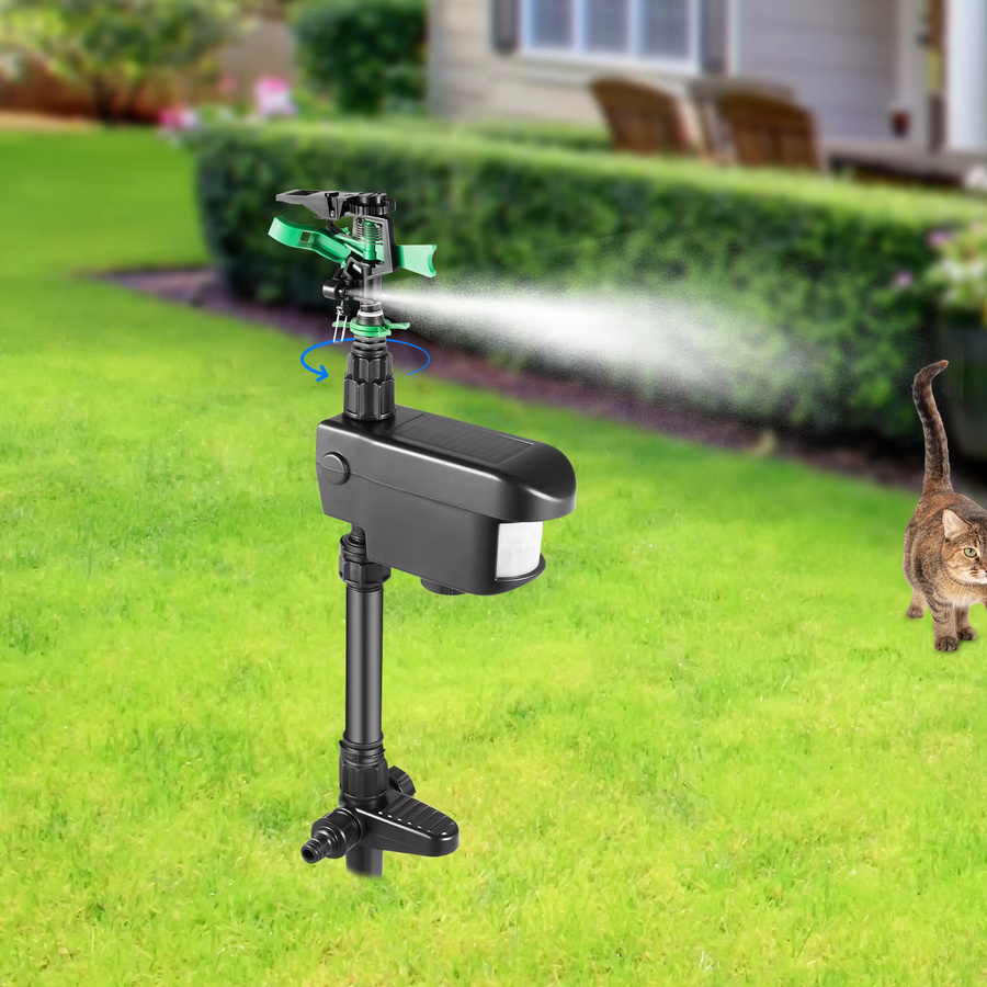 Bymaocar Solarbetriebener Bewegungsaktivierter Sprinkler mit Infrarotsensor zur Tierabwehr in Schwarz, 120 Grad Erkennungsbereich und bis zu 32 m Reichweite für Garten und Rasen - Bild 2