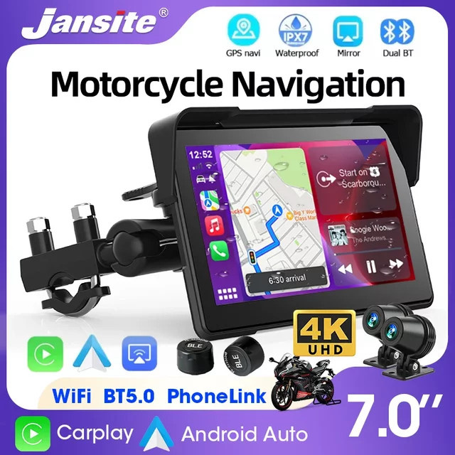Jansite Motorrad DVR Navigation mit 7 Zoll 4K Display, Wasserdichtes Wireless Android Auto und Apple CarPlay Display in Schwarz - Bild 1