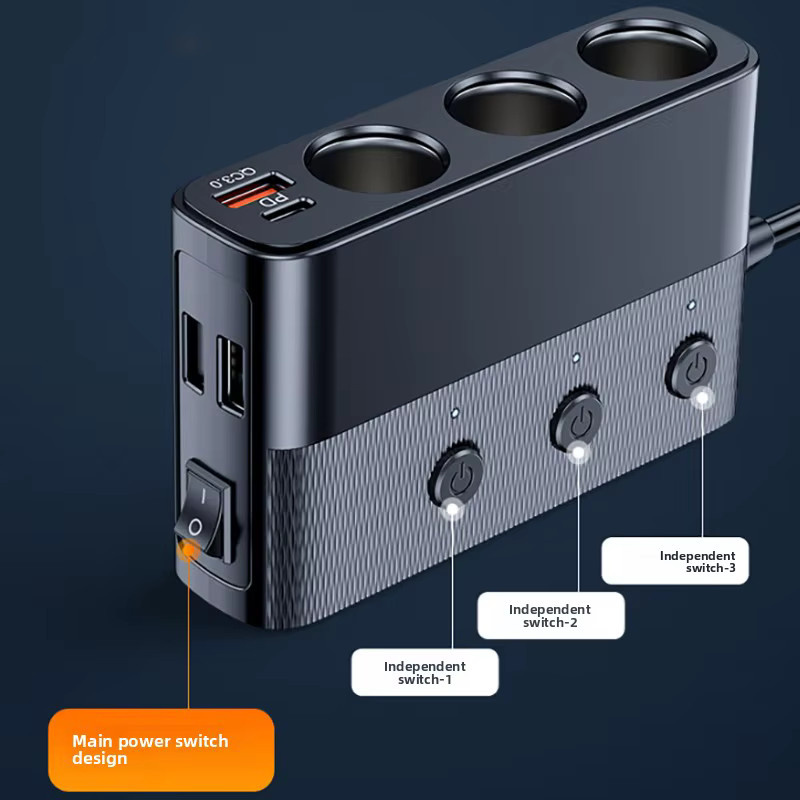 BIEPU Autoladegerät mit 3 Steckdosen und 3 Schaltern, 128 W Zigarettenanzünder-Splitter in Schwarz mit Schnellladung 3.0, PD und 2 USB Anschlüssen für 12 V/24 V - Bild 5