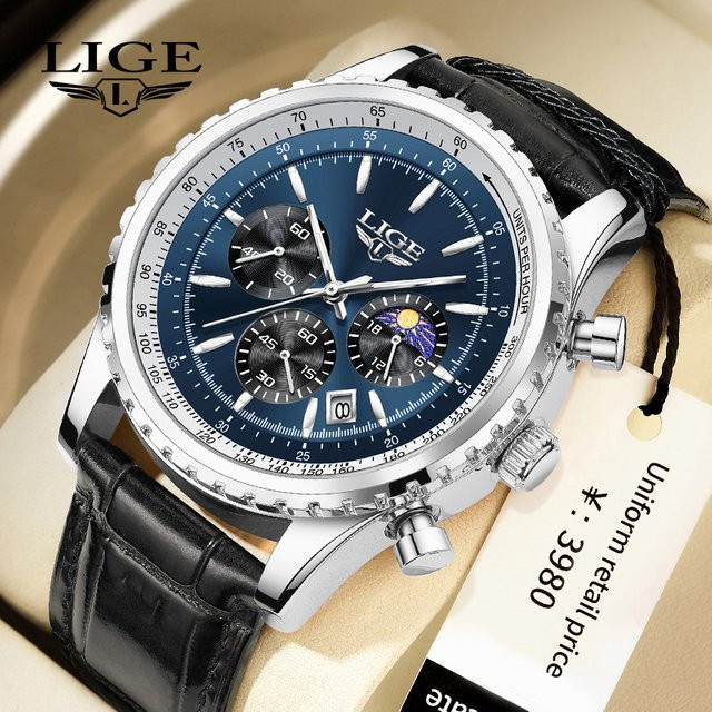 LIGE Armbanduhr, Quarz, Leder, Edelstahl, Blau, Herren - Bild 1
