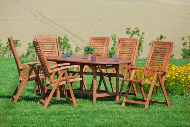 Merxx Tischgruppe Cordoba 7-tlg. aus Eukalyptus-Holz in Braun mit ovalem Ausziehtisch B: 100 cm, T: 120 bis 170 cm - Bild 1
