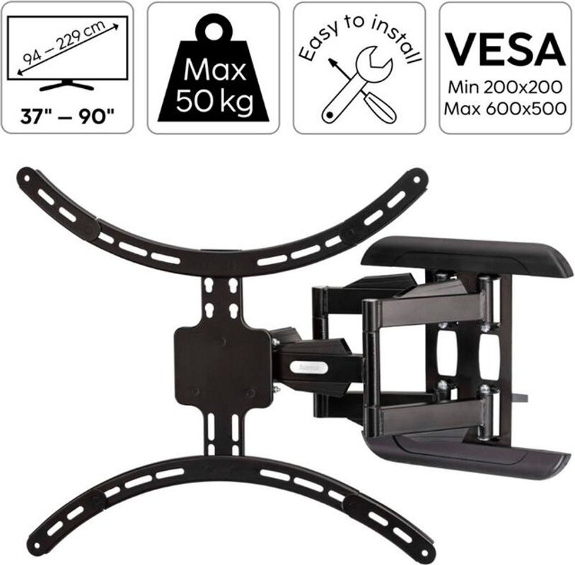 Hama TV-Wandhalterung Fullmotion in Schwarz für bis zu 90 Zoll, VESA 600 x 500 mm - Bild 2