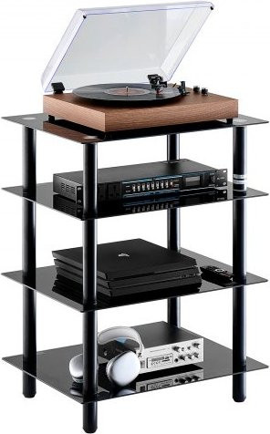 VEVOR 4-Tier AV Media Stand mit verstellbaren Regalen aus gehärtetem Glas in Schwarz und Silber für Gaming und Recording Rooms - Bild 1