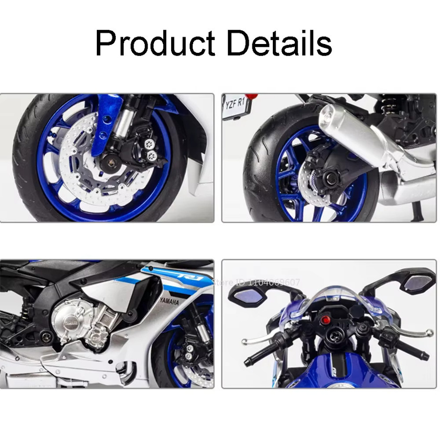 MAKEDA Yamaha YZF-R1 Motorrad Modell, 1:12, Metall, Schwarz, Blau - Bild 3