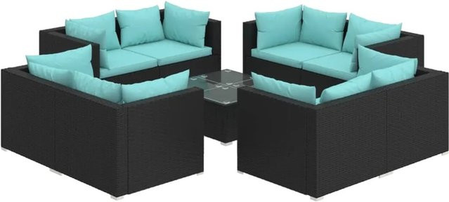 vidaXL 9-teiliges Garten-Lounge-Set in U-Form aus Poly Rattan mit Kissen in Schwarz und Blau - Bild 1