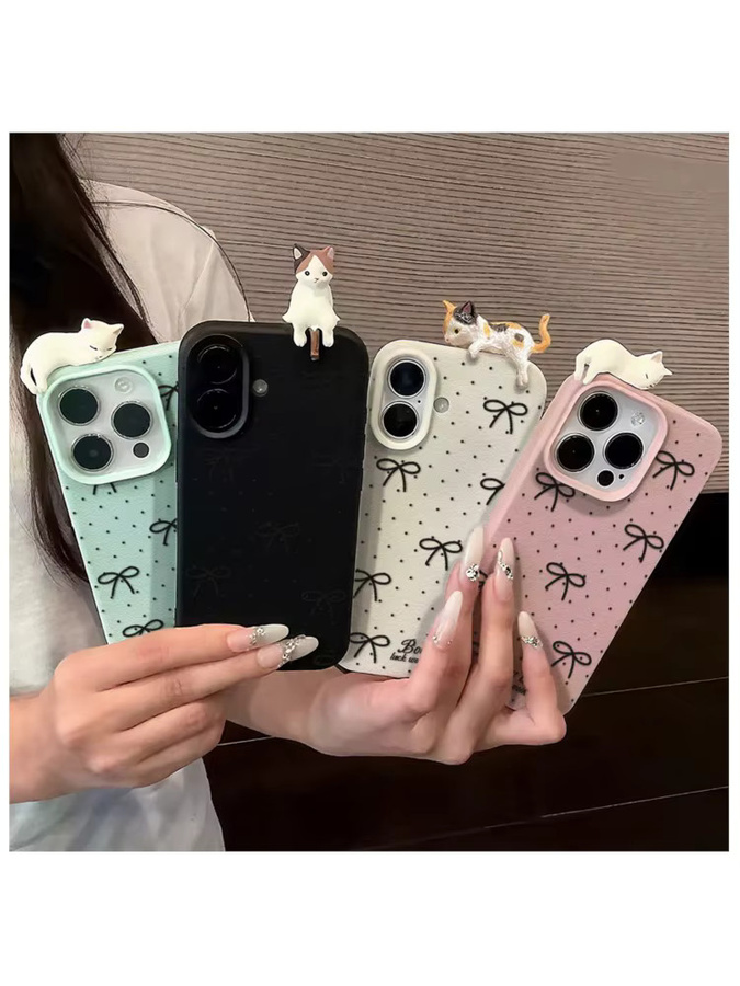 Schutzhülle mit 3D-Katzenmotiv und Schleife aus Soft Leder für Apple iPhone 17 Pro Max 16 15 14 13 12 11 Plus Air stoßfestes Cover - Bild 6