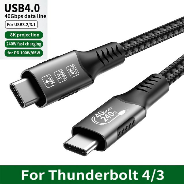 FDBOY USB4-Kabel mit 40 Gbit/s und 240 W Schnellladefunktion, Thunderbolt 4 und Thunderbolt 3 kompatibel, USB-C auf USB-C Datenübertragungskabel in Schwarz - Bild 1