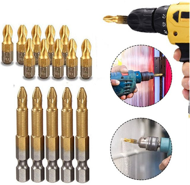 Krachtige Titan beschichtete Kreuzschraubendreher Bits PH2 und Sechskant Kombination in Gold und Silber - Bild 1