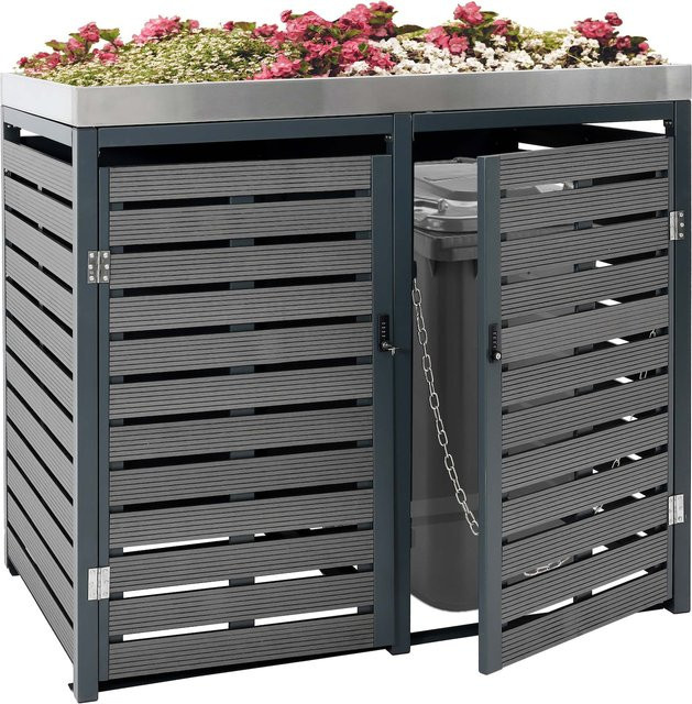 MCW 2er Mülltonnenverkleidung K14 mit Pflanzkasten aus WPC und Edelstahl, Farbe: Anthrazit, B/T/H: 124 x 134 x 84 cm - Bild 1