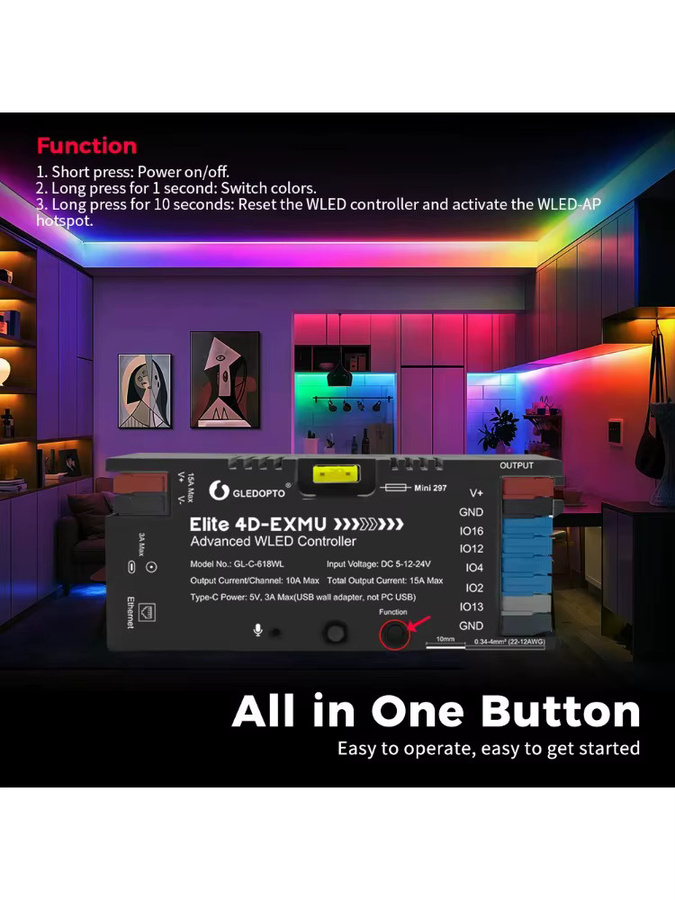 GLEDOPTO Smart 4CH 618WL RGB-LED-Controller mit Ethernet und WiFi ESP32 Core, Musik-reaktive Beleuchtung für DIY-Projekte, Schwarz - Bild 4
