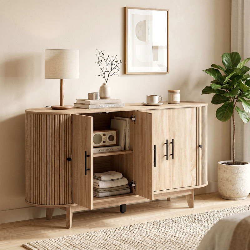 Aosom Sideboard in Eiche, modernes Aufbewahrungsmöbel mit 4 Türen und 2 verstellbaren Ablagen für Wohnzimmer, Esszimmer oder Küche, B/T/H: 147 x 40 x 76 cm - Bild 2
