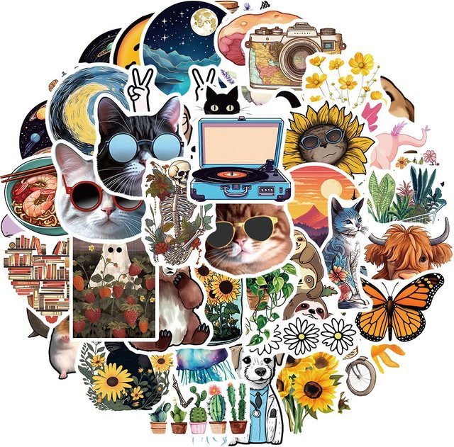 50 Stück Bunte Aufkleber im INS-Stil mit Katzen, Hunden, Tieren und Pflanzen von BulingBulingStickers für Laptop, Notebook und Handyhüllen - Bild 1
