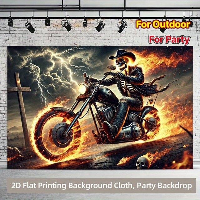 Gotischer Skelett Biker Wandteppich mit Feuer-Motiv von JMG Household Supplies, Dunkle Fantasy Kunstdruck für Halloween und Party, B/B: 150 x 200 cm, Mehrfarbig - Bild 1