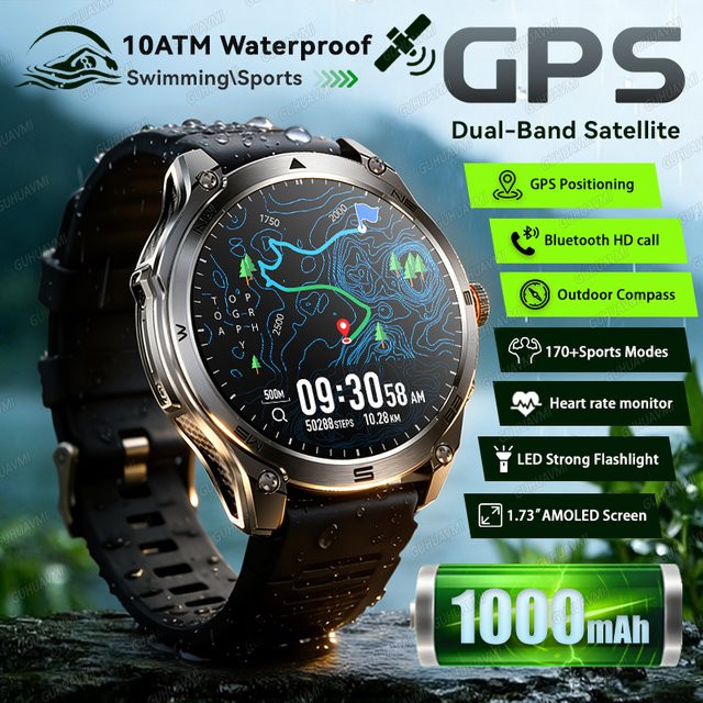 GUHUAVMI Smartwatch, 1,73 Zoll AMOLED-Display, GPS, 10 ATM, Schwarz - Bild 1