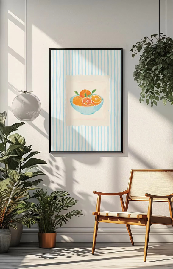 Serene Citrus Still Life Wandkunst von SHENCHEN – Moderner Aquarelldruck als Paper Poster in Orange, Blau und Multicolour - Bild 3
