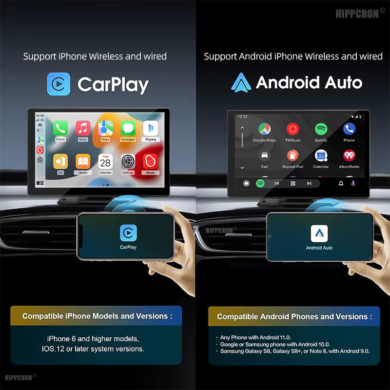 Hippcron 9-Zoll Tragbarer Auto-Multimedia-Videoplayer mit Wireless CarPlay und Android Auto, Touchscreen und FM-Signalübertragung, Schwarz - Bild 2