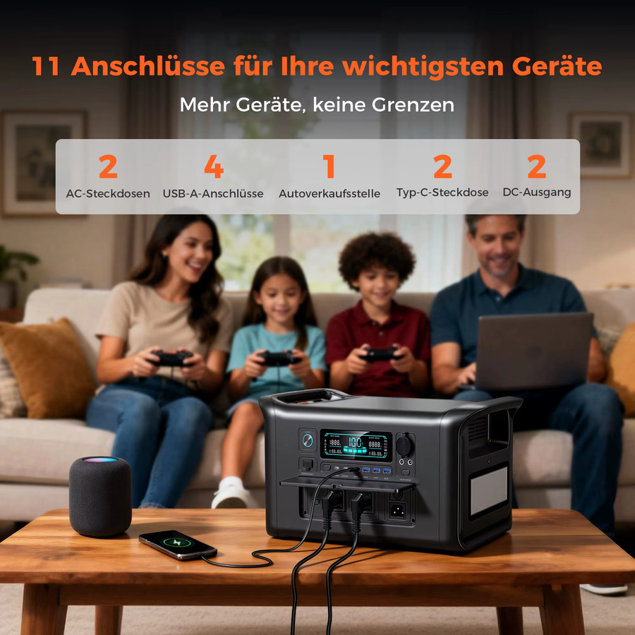 CTOLITY Tragbarer Solargenerator als Notstromversorgung mit 1024Wh LiFePO4-Akku und 1800W Leistung, Schwarz - Bild 3