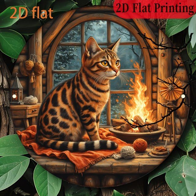 Potdemiel Vintage Aluminium-Wandschild Bengal Cat Fireside Cozy Scene, B/H: 20,32 x 20,32 cm - Bild 1