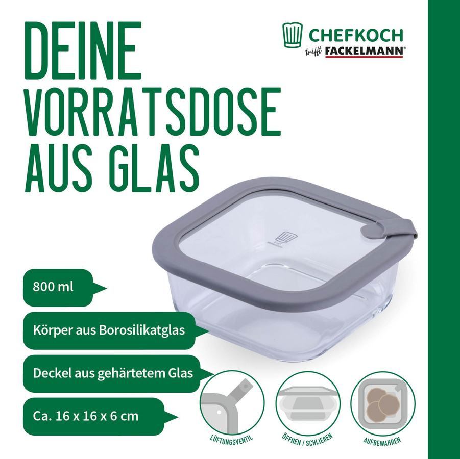 Fackelmann Chefkoch Vorratsdose aus Glas, eckig, transparent, 800 ml - Bild 2