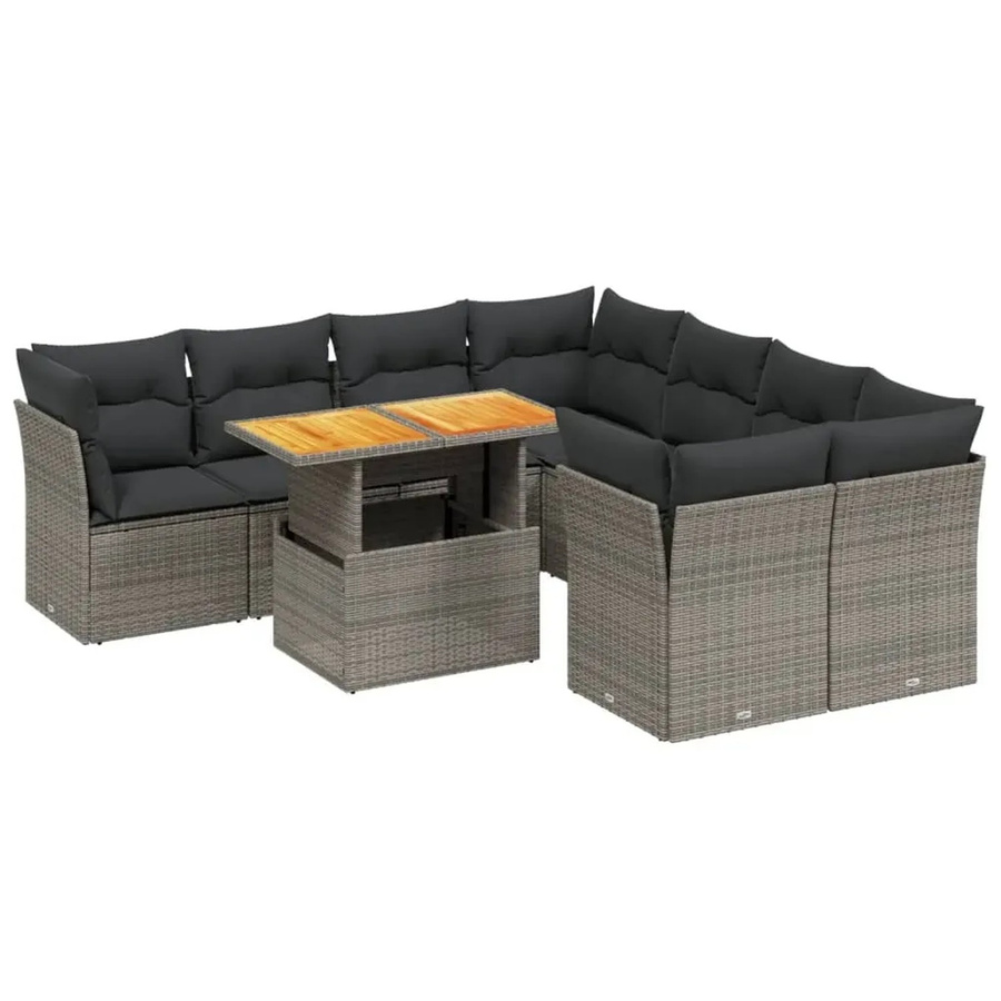 vidaXL 9-teilige Garten-Sofagarnitur in L-Form aus Poly-Rattan und Akazienholz mit Kissen in Grau - Bild 2