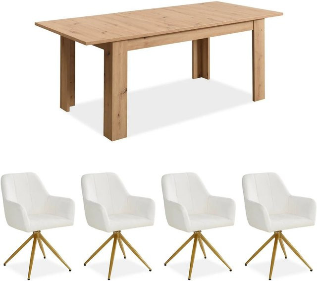 Homestyle4u Essgruppe mit Tisch und 4 Polsterstühlen in Beige Natur und Weiß mit modernem Design - Bild 1