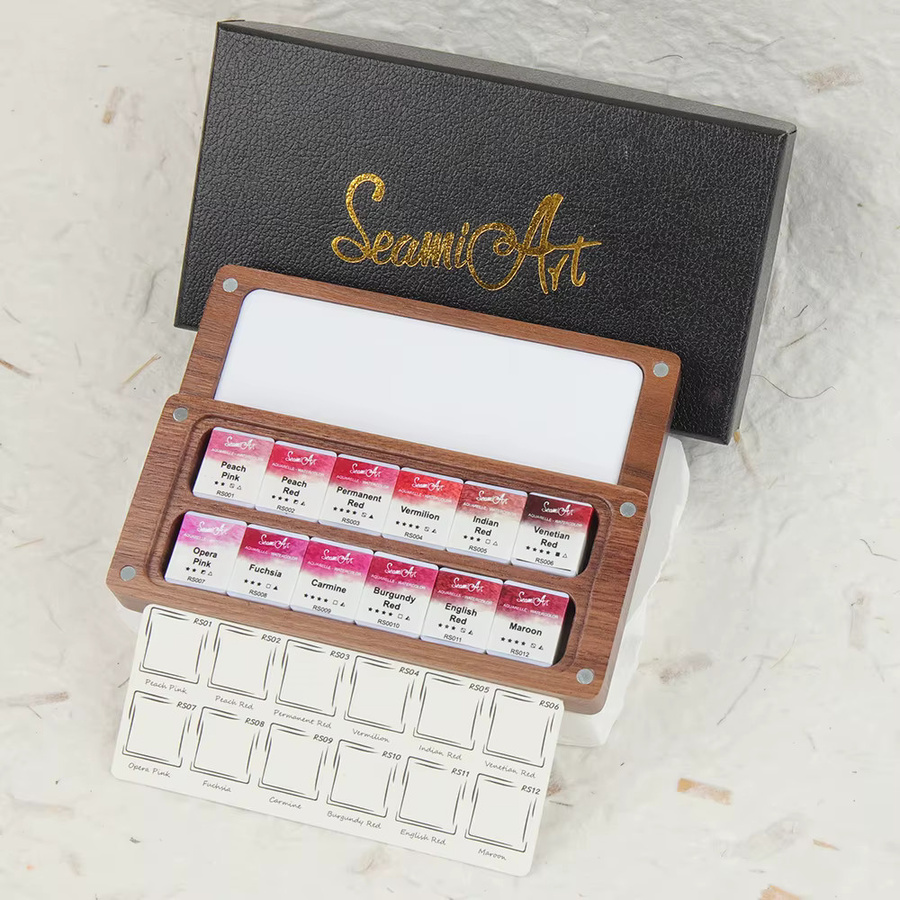 SeamiArt Aquarell-Set mit 12 Farben in einer schwarzen Walnuss-Holzbox, Rosenrot und Multicolour - Bild 3