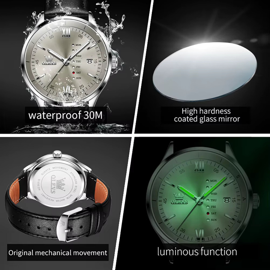 OLEVS Armbanduhr, Quarz, Edelstahl, Silber, Leder, Herren - Bild 4