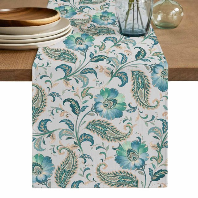 JINGYUE Pet Tischläufer aus Leinen in Türkis und Grau mit Paisley- und Floral-Muster im Boho-Stil, B/T: 150 x 33 cm - Bild 1