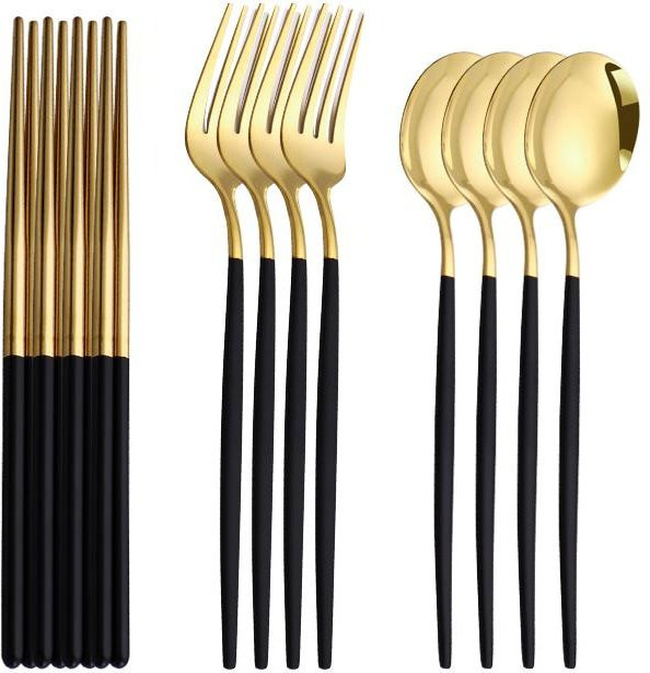 Luxuriöses Besteckset von Yiran Furniture aus Edelstahl in Gold mit Messer, Gabel, Löffel und Essstäbchen, spülmaschinenfest - Bild 1