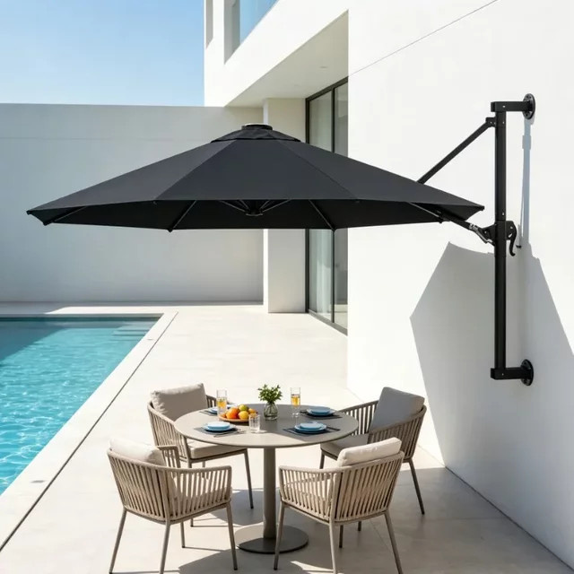 Wandmontierter Gartenschirm mit Metallstange in Anthrazit, Durchmesser: 300 cm - Bild 1