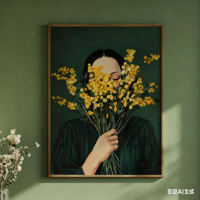 Minimalistischer Wandkunstdruck von SHENCHEN mit Porträt einer Frau und Mimosa-Blumen in Smaragdgrün - Bild 1