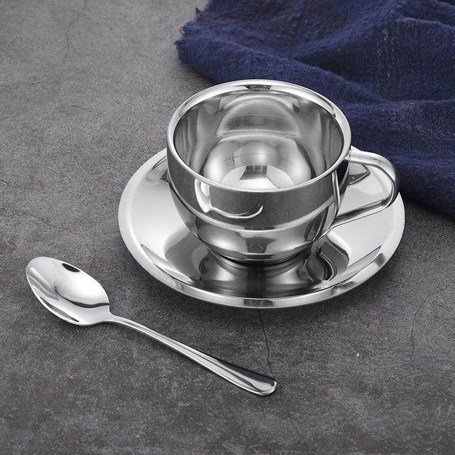 3er-Set Edelstahl Kaffeetassen mit Tablett und Rührlöffeln, doppeltwandig isoliert, Farbe: Weiß/Silber - Bild 1