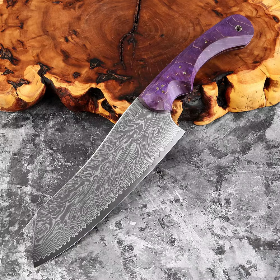 Xituo Santoku-Messer aus geschmiedetem Damaszener Stahl mit lila Holzgriff, 17,78 cm - Bild 2