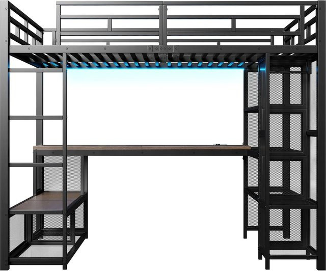Merax Hochbett aus Metall und MDF mit Kleiderschrank, LED-Beleuchtung, USB-Ladeport und Treppe in Schwarz, B/T/H: 200 x 140 x 208 cm - Bild 1