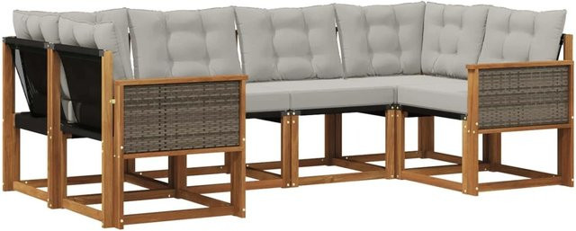 vidaXL Outdoor-Sofagarnitur L-Form aus Akazienholz mit 6 Kissen in Natur und Grau - Bild 1
