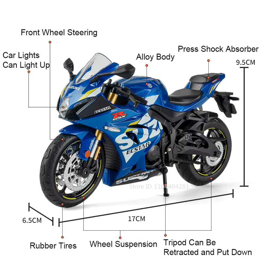 MAKEDA Miniatur Motorrad Modell Suzuki GSX1000R R1250GS im Maßstab 1:12 aus Metall mit Licht und Stoßdämpfung in Schwarz oder Blau - Bild 2
