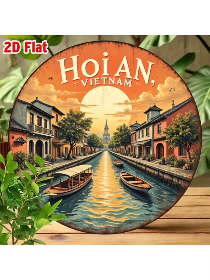 Potdemiel Wandkunst Hoi-An Vietnam Landschaft mit traditionellen Booten und Architektur, runde Metall-Wanddekoration in Mehrfarbig, orientalischer Stil - Bild 5