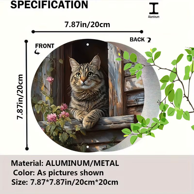 Rustikales Aluminium-Metallschild von Potdemiel mit Tabby-Katze und Blumen, rund, Mehrfarbig, Durchmesser: 20 cm - Bild 2