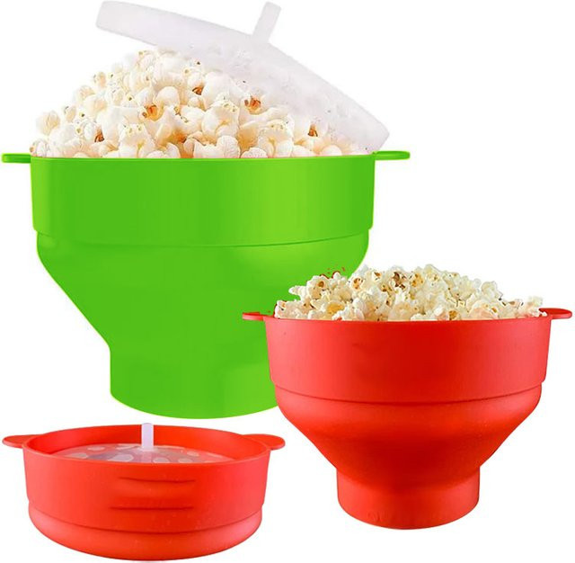 PGY Silikon Mikrowellen Popcorn Maker mit Deckel, zusammenklappbare Popcorn Schüssel, BPA-frei, rund, grün und rot - Bild 1