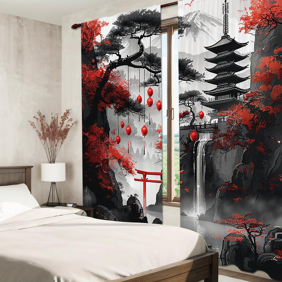 2-teiliger halbverdunkelnder Vorhang mit japanischem Landschafts- und Torii-Tor-Design aus Polyester, Mehrfarbig, Breite: 100 cm, Höhe: 130 cm - Bild 3