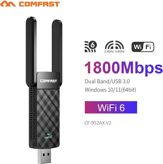 Comfast WiFi 6 USB-Adapter AX1800 Dual-Band 2,4 GHz und 5 GHz mit USB 3.0 und RTL8832BU Chip, Schwarz - Bild 1