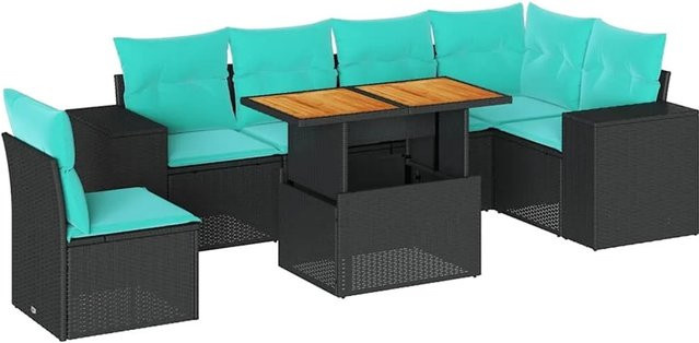 vidaXL 7-teilige Garten-Sofagarnitur in L-Form aus schwarzem Poly-Rattan mit blauen Polsterkissen und pulverbeschichtetem Stahlgestell - Bild 1