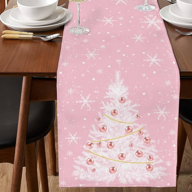 Dokriy Tischläufer für Weihnachten in Weiß und Rosa mit Schneeflocken-Design aus Polyester - Bild 1