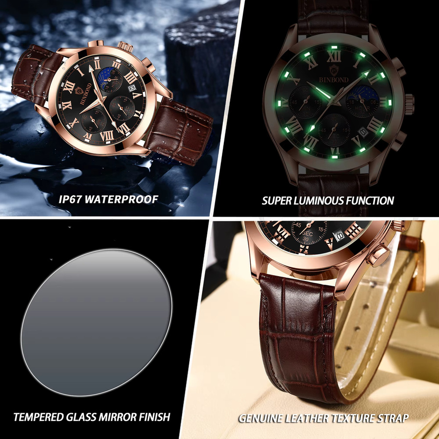 BINBOND Armbanduhr, Chronograph, Quarz, Leder, Schwarz, Roségold, Herren - Bild 5