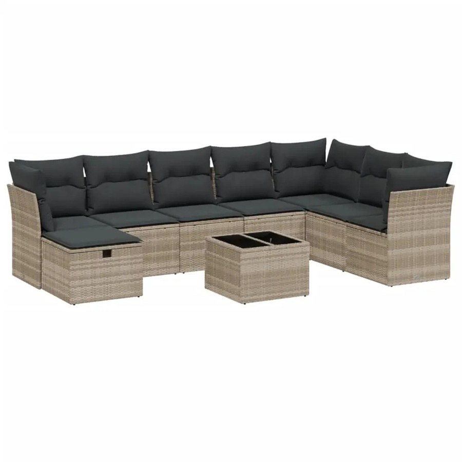 vidaXL 9-teilige Garten-Sofagarnitur aus Poly-Rattan mit Kissen in Hellgrau - Bild 2