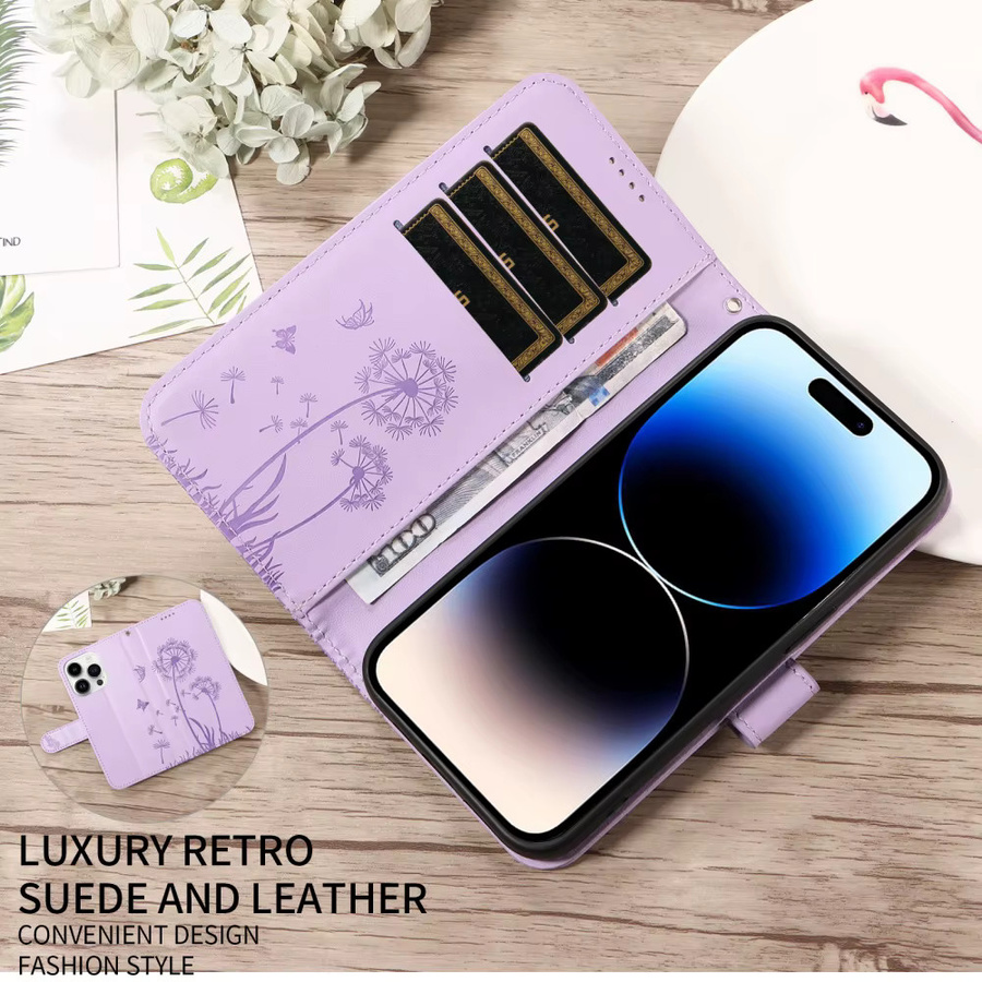 Leder Handyhülle mit Löwenzahn-Design als Wallet Flip Cover für Samsung Galaxy Modelle in Purple - Bild 4