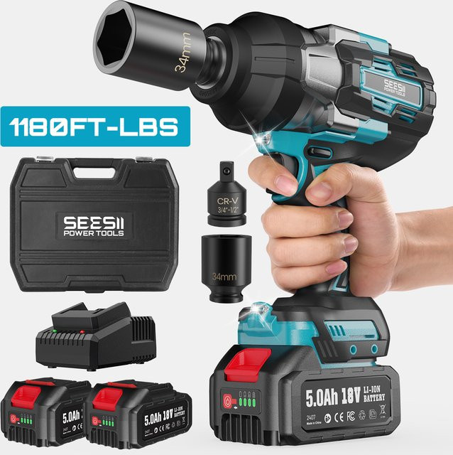 SEESII Akku-Schlagschrauber-Set 3/4 Zoll in Schwarz mit 2x 5,0Ah Akkus und LED-Licht für schwere Arbeiten - Bild 1
