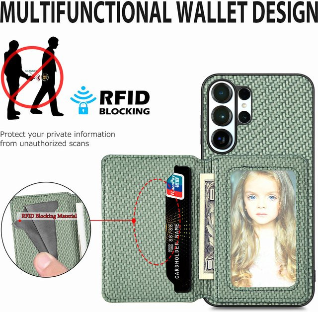 Magnetische Carbonfaser-Kartenhalter-Brieftasche Handyhülle für Samsung S26 S25FE Ultra S24 Plus S23 S22 S21 in Grün mit Standfunktion - Bild 1