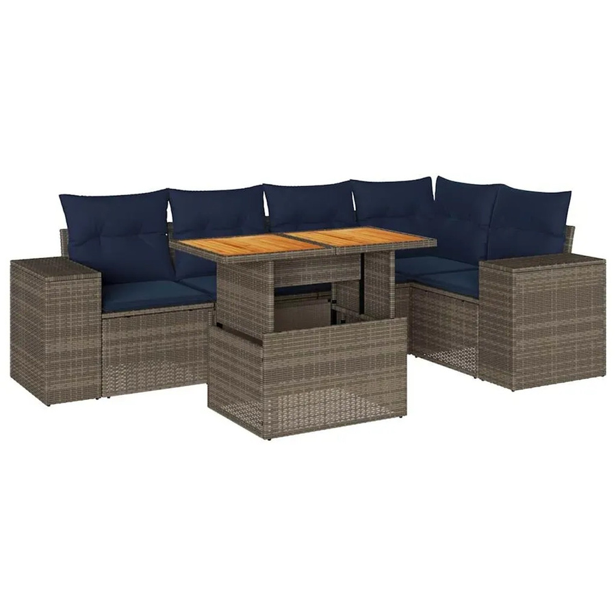 vidaXL 6-teilige Garten-Sofagarnitur aus grauem Poly-Rattan mit Kissen und Akazienholz - Bild 2