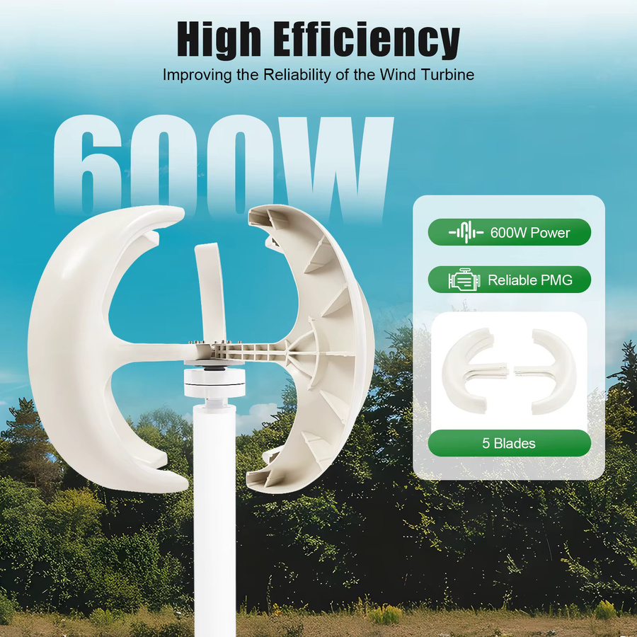 Bymaocar Windturbinengenerator 600W in Weiß mit 5 Rotorblättern, 12V Laternenform, Permanentmagnetmotor und IP67-Controller aus Nylonmaterial - Bild 2